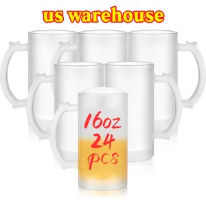 Sublimation Blank Glass Mugs 24 Pcs 16 oz Frosted Beer Cups Personalized Images Funny Gift for Husband Dad Men Father's Day Glassware Tumbler Washable Coffee Drinkware Reusable Glassmug Reuse Ceramic US Warehouse Ready