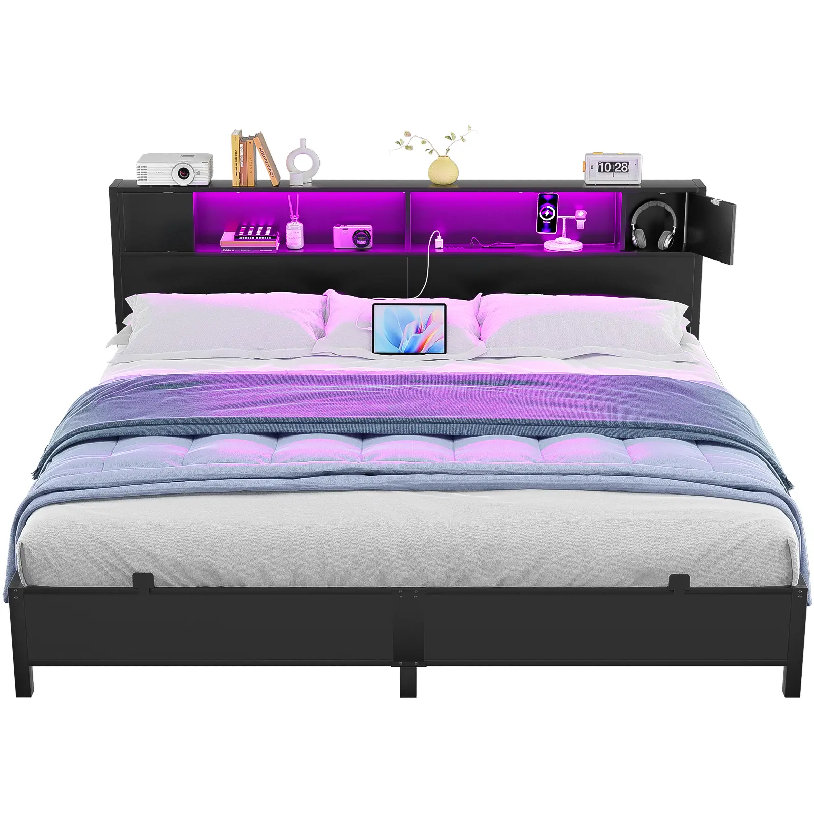 Homieasy Bed Frame with Storage Headboard and Charging Station, Luxury Cool Bed Frame with LED Lights, Steel Slat Support, No Box Spring Needed, Noise