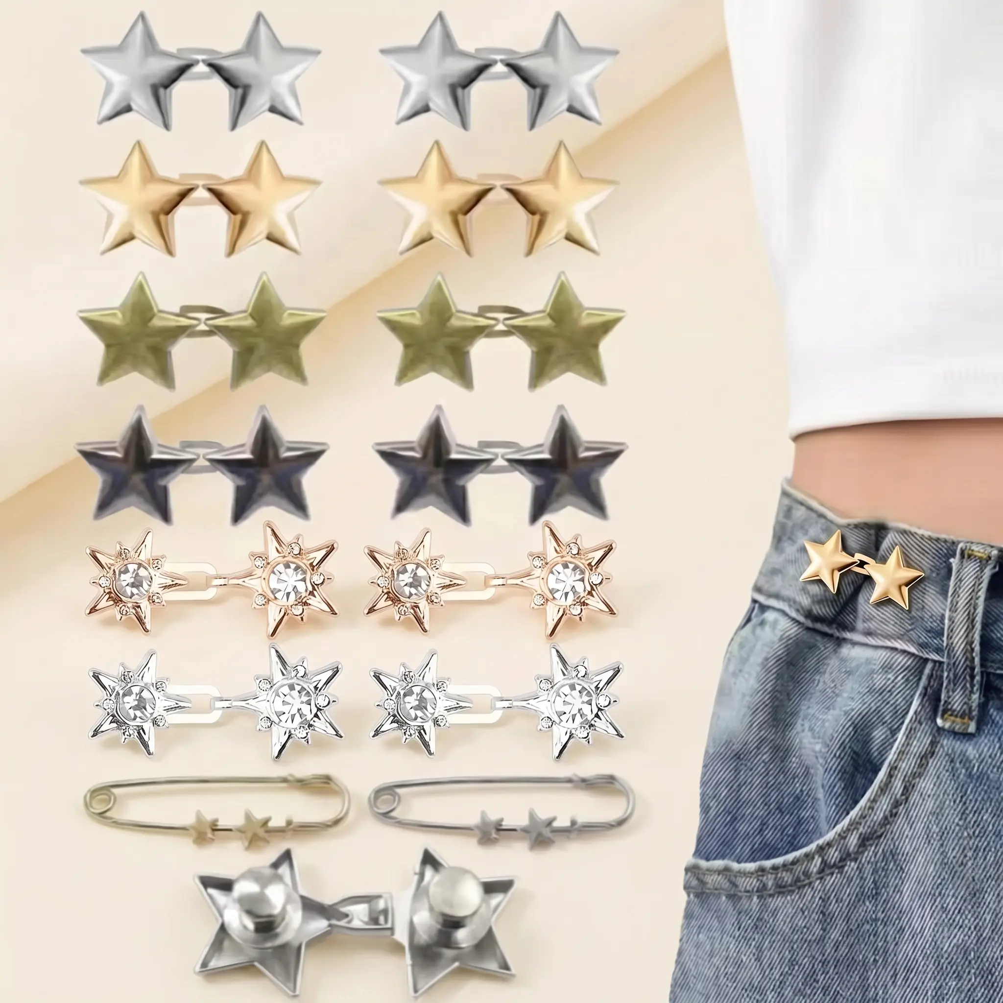 Bronze Star Waist Tightener Pins - 14-Piece Reusable No-Sew Waist Cincher Clips for Loose Jeans, Pants (Fashion Accessory)