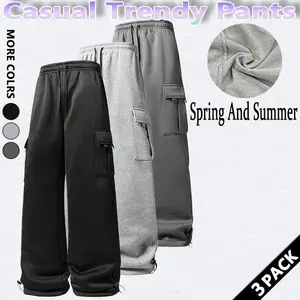 Men's solid color loose waist straight pants, casual loose pocket drawstring design, comfortable for daily wear, suitable for autumn and winter wear, commuting, sports fitness, street wear Both thick and thin versions are available for purchase. SpringSta