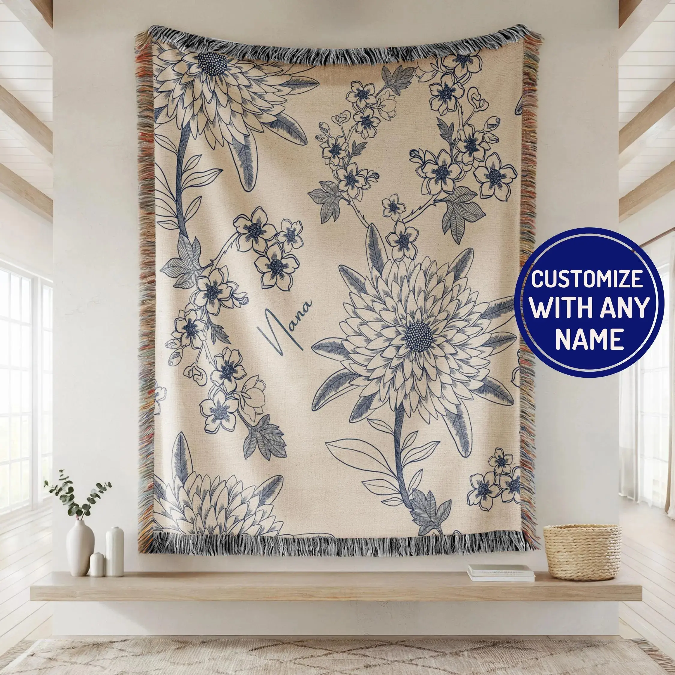Personalized Grandma Blanket Grandparents Day Gift for Grandma Nana, Mimi, Custom Grandma Gift Birthday Present for Grandmother Chinoiserie