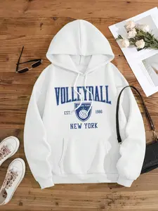 Women's Letter & Volleyball Print Hoodie, Casual Long Sleeve Hooded Sweatshirt for Fall & Winter, Women's Clothes for Daily Wear