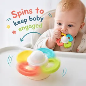 2 Pack Baby Silicone Teether Set, BPA-Free Food Grade Teething Toys for Infants 0-6 Months, Rotating Flower Suction Cup Teether, Textured Easy-Grip Handheld Chew Ring, Newborn Baby Shower Gift for Boys Girls