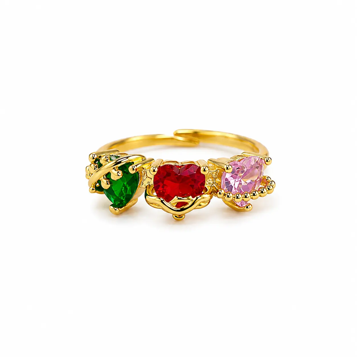 18K Gold 3 Sacred Hearts Catholic Ring| Hypoallergenic Tarnish-Free Adjustable Jewelry| Holy Family Faith & Blessing Gift