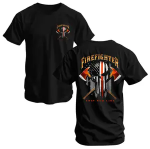 Firefighter Skull T-Shirt, Thin Red Line Axe and Flag Graphic, Soft Cotton Tactical Shirt, Bold Fire Dept Apparel for Men, Gift for Brave Firefighters & Heroes