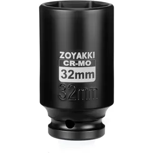 1/2" Drive 32 mm Deep 6 PT CR-MO Impact Socket, 6 Point Axle Nut Socket for Easy Removal of Axle Shaft Nuts (Metric 32MM)