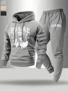 American Retro Graphic Black Sport Tracksuit! Loose Hoodie + Cuffed Jogger 2-Piece Set, Athletic Workout Clothing, Fleece Inner Lining/Fall Winter Casual/High Street Trendy Essential