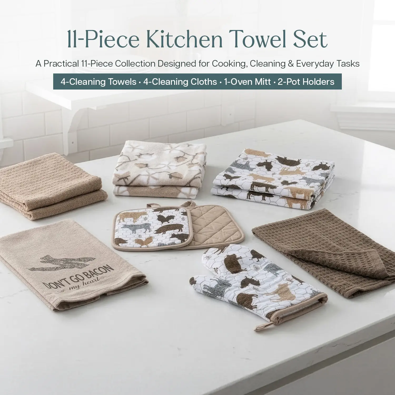 11-Piece Kitchen Essentials Set – 100% Cotton Dish Towels, Dishcloths, Oven Mitts & Potholders | Heat-Resistant, Durable & Perfect for Baking, Cooking & Everyday Kitchen Tasks