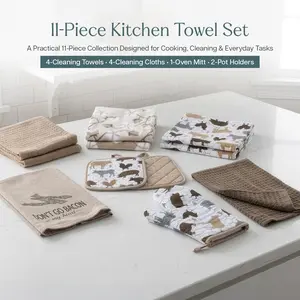 11-Piece Kitchen Essentials Set – 100% Cotton Dish Towels, Dishcloths, Oven Mitts & Potholders | Heat-Resistant, Durable & Perfect for Baking, Cooking & Everyday Kitchen Tasks