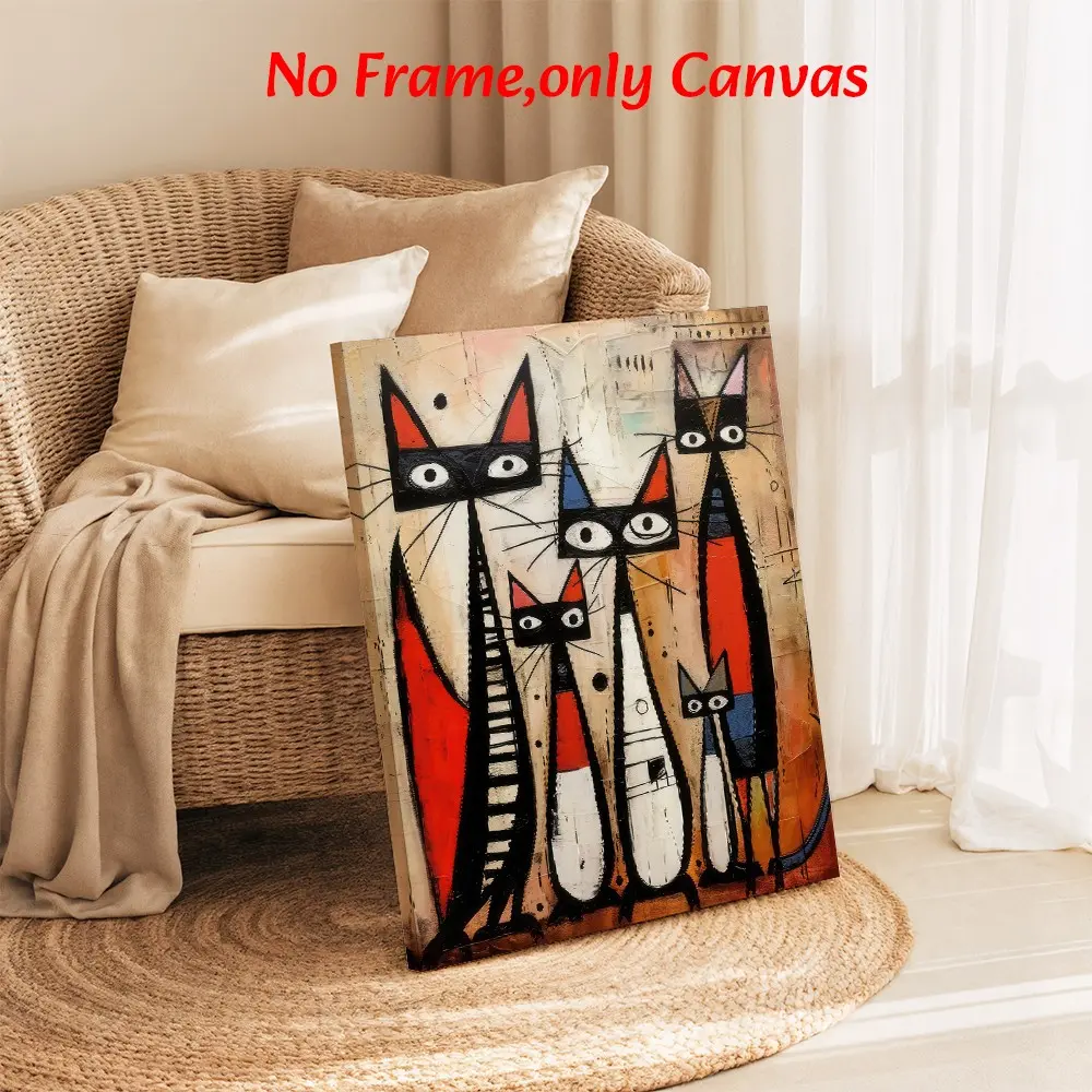 Abstract Animal Wall Art, Mid-Century Modern Cat Family Poster, Retro Cubist Feline Style Printing, Multicolor Canvas Decoration, Living Room & Entryway Aesthetic, Perfect Gift For Cat Lovers, Unframed.