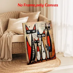 Abstract Animal Wall Art, Mid-Century Modern Cat Family Poster, Retro Cubist Feline Style Printing, Multicolor Canvas Decoration, Living Room & Entryway Aesthetic, Perfect Gift For Cat Lovers, Unframed.