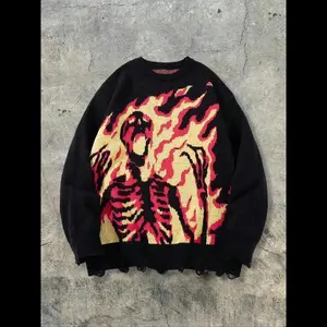 Unisex Flame Skull Graphic Knit Pullover, Casual Loose-Fitting Long Sleeve Sweater, Spring Fall Winter Fashion, Perfect Halloween Gift