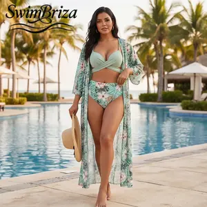 Briza｜Beach Vacation Pool Swimwear Women Two-Piece Bikini Set Underwire Push Up High Waisted Bathing Suit in Mint Tropical Floral Print with Swimsuit Cover Up for Summer Resort Cruise, Women's Swimwear, Bathing Suit for Women, Cover Up Swimwear