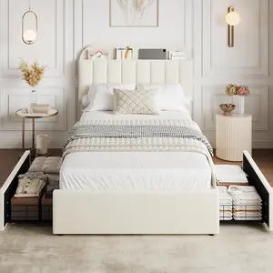 Upholstered Velvet Platform Bed Frame with Storage Headboard 2 Adjustable Drawers & Bookcase No Box Spring Needed Easy Assembly