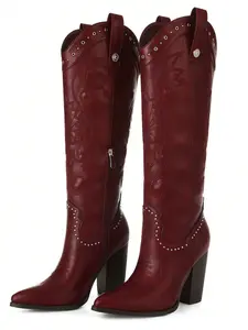 AOSPHIRAYLIAN  Chunky Heels Boots  Bohemian Style Pointed Toe  women's Boots Outdoor Fun Vacation Boots Embroidered Pointed Toe Knee High Western Chunky Heels Boots Brown Red Black