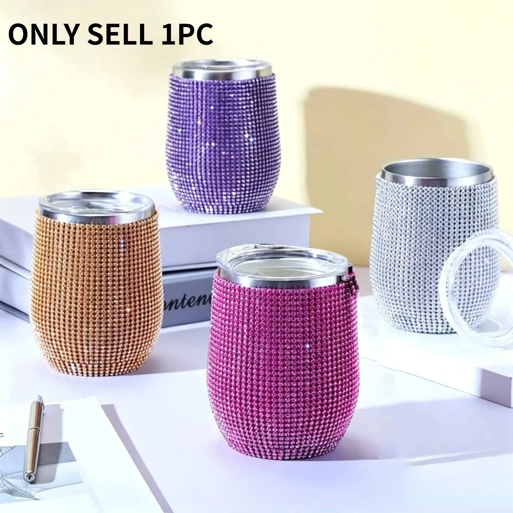12oz/350ML American Diamond Egg Cup, Shiny Insulated Wine Glass, Christmas Party Gift Cup, Stainless Steel Creative U-Type Egg Shell Cup