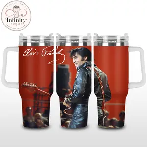Elvis Presley 40oz Tumbler With Handle, Red Rock Music Legend Stainless Steel Insulated Travel Cup, Vintage Guitar Concert Leakproof Mug Gift For Fans