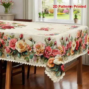 1pc, Elegant Spring-summer Themed Party Tablecloth, Valentine's Day Mother's Day Vintage Colorful Rose Floral Print Design, Rectangular/round Tablecloth, Embossed Edge, Suitable for Indoor/outdoor Dining, Picnics, Dinners, and Restaurant Decoration
