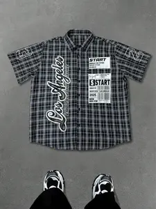 'Button-Up Shirt' "Los Angeles START 2025" Plaid & Ticket Print | Streetwear & Urban Aesthetic | Unisex OOTD Essential | TikTok Viral Y2K Casual Daily Wear Statement Shirt for Men Women 2026 Spring New Drop