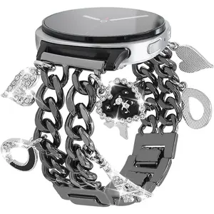 Metal Band Women Compatible with Samsung Galaxy Watch 8 40mm/44mm,Galaxy Watch 8 Classic 46mm,Stylish Cuban Chain Wristband with Cute Charms Pendants Bracelet