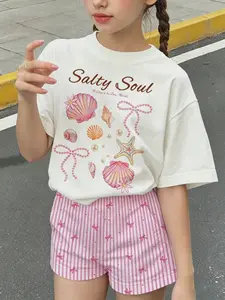 Girls' Trendy Shimmer Short Sleeve Shorts Set, Fashion Shell Print Design, Cute and Elegant, Suitable for Home and Work, Summer Clothing Set