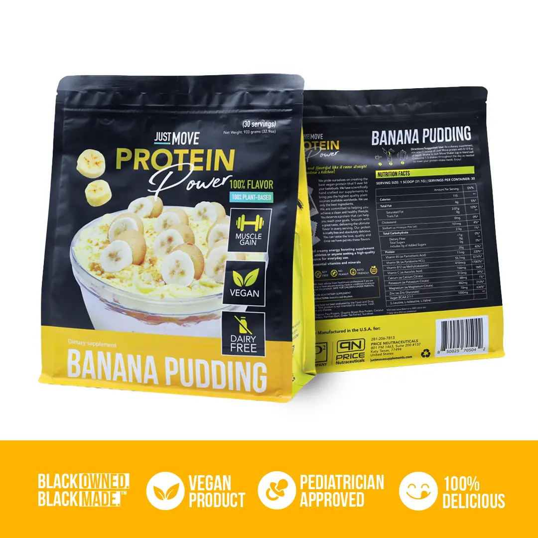 Just Move Protein - Banana Pudding - Vegan (Plant Based) Organic, Dairy Free, Soy Free, Gluten Free, Keto, Peanut Free, 20g Protein, Low Carb, Non GMO