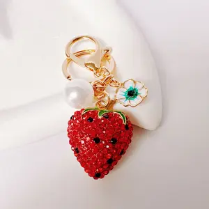Creative Cute Fruit Keychain, Alloy Rhinestone Strawberry Pineapple Mangosteen Pitaya Lychee Emulational Fruit Keychain Pendant Gift