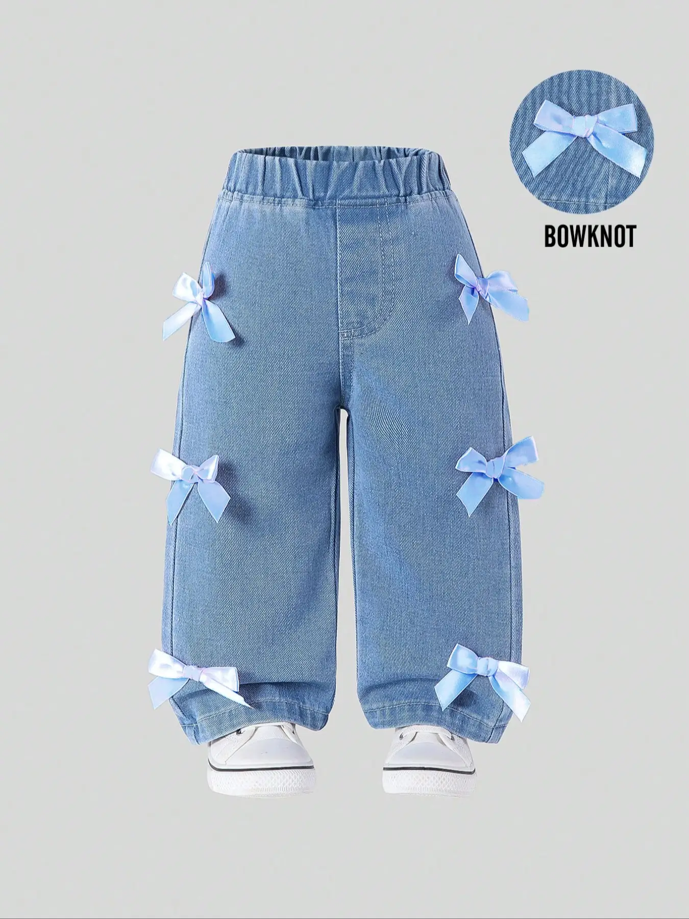 Cute Baby Girl Jeans with Bow Decoration, Elastic Waist Casual Denim Jeans for Daily Wear, Comfortable Fashion Kids' Clothing