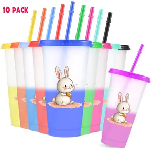10pcs/24oz/710ml/Plastic Tumblers,Color Changing Cups With Lids And Straws,Water Bottle,Iced Coffee Cups, Easter Bunny Design Perfect For Family And Friend Gatherings,Ideal choice for birthday celebration,Valentine's Day Gifts,Easter gifts