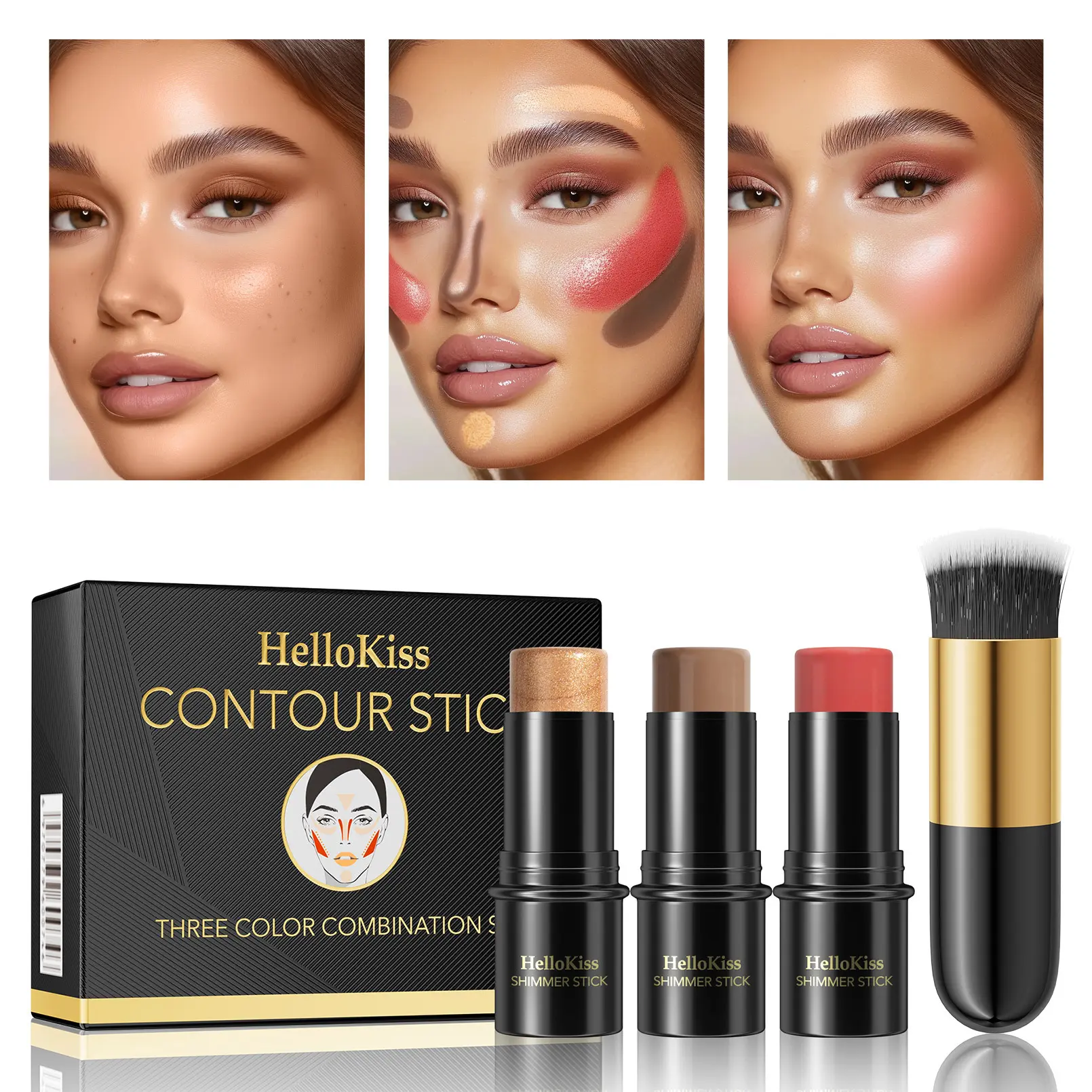 Hellokiss grooming stick 3 pcs set version, three-dimensional modified highlight shadow blush pen multi-functional makeup stick