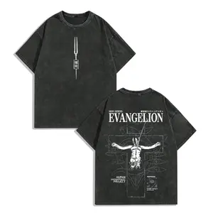 Men's Evangelion Anime Vintage Washed Heavy Cotton Oversized Short-Sleeve Round Neck T-Shirt, Fashion Stylish Menswear Classic Crewneck Casual Streetwear Graphic Tee, S-3XL