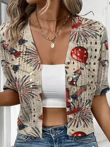 Women's V Neck Knit Cardigan, Loose-Fitting All-Over Balloon Print Design, Casual Elegant Boho Style Outerwear for Spring Summer