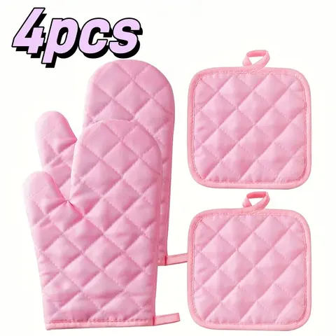 [Pink Oven Gloves] Pink Oven Gloves And Insulation Pad Double-Sided Quilted Diamond Grid Washable Kitchen Baking Cooking Insulation Gloves Anti Scald Pad Dining Mat Microwave Oven Gloves Insulation Pad Set  4pcs