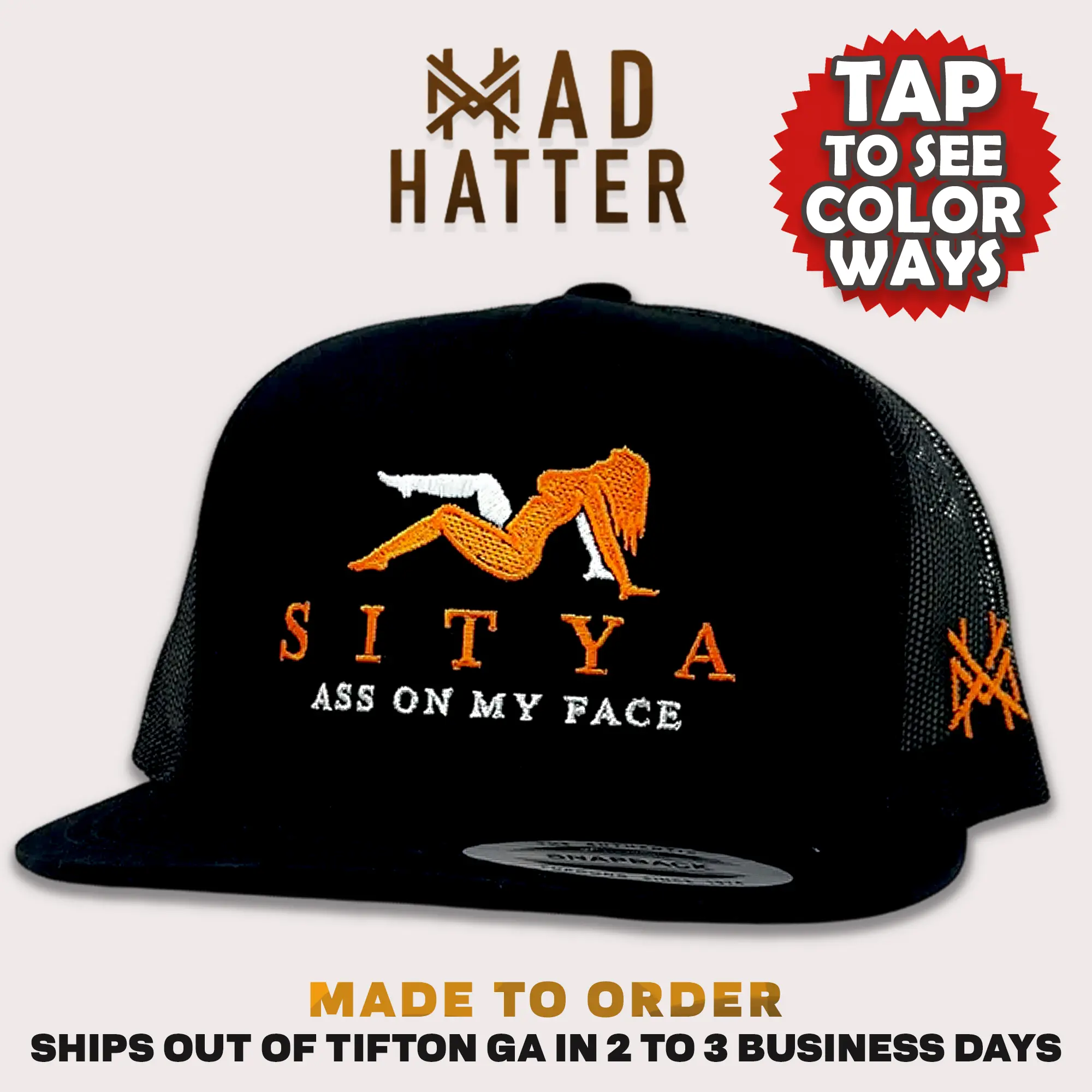 Sitya MadHatter's Embroidered Snapback Adjustable (Up To A Size 8 Head) Premium Trucker Hat Sitya MadHatter's Embroidered Snapback Adjustable (Up To A Size 8 Head) Premium Trucker Hat