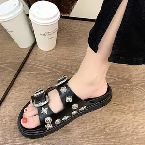 Western Studded Buckle Platform Slide Sandals, Plus Size Open Toe Slip On Beach Slides, 2026 Summer Chunky Casual Footwear for Women Shoe Walking Shoes Sandal Women Footwear Summer Flat Active
