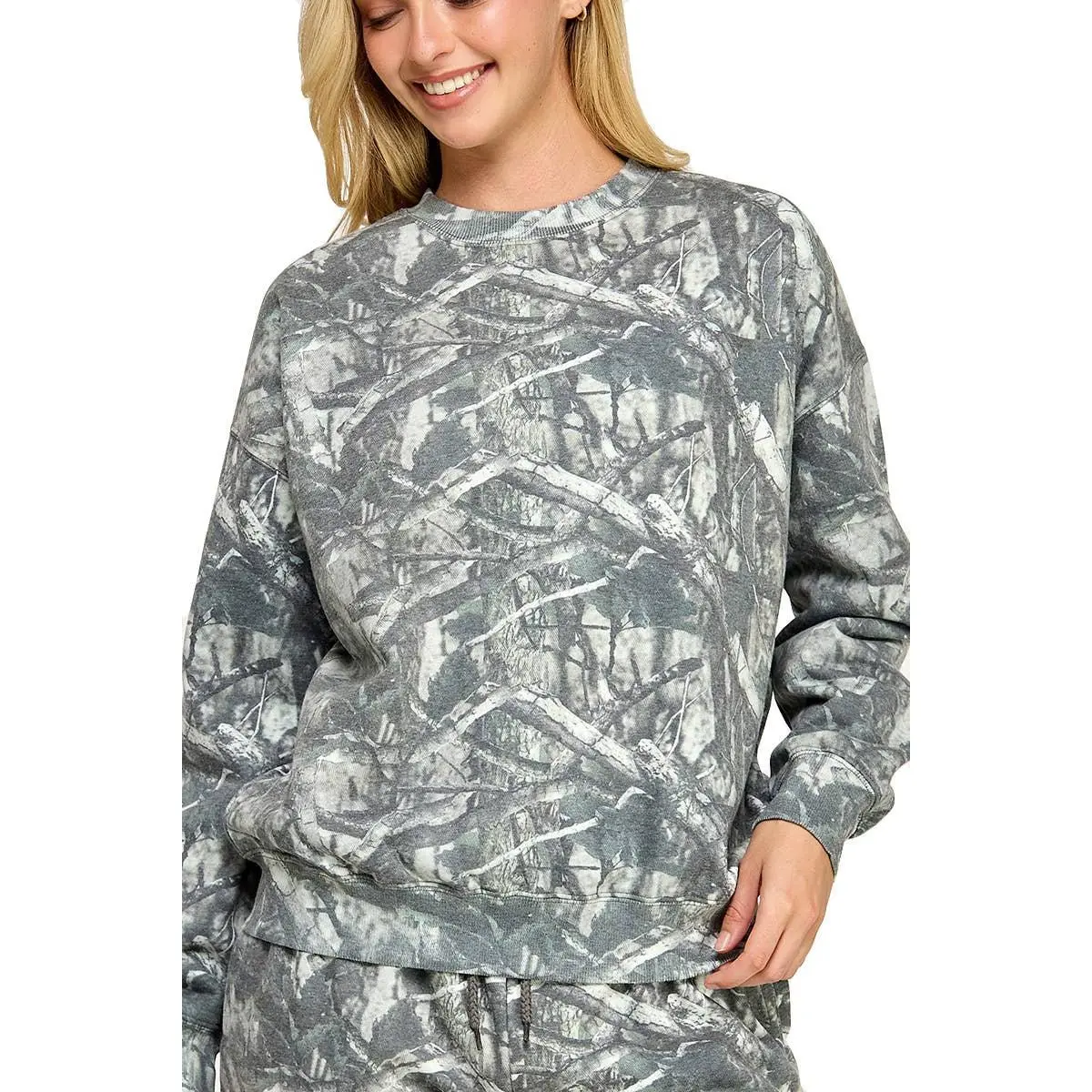 Fleece Camo Relaxed Fit Crew Neck Sweatshirt