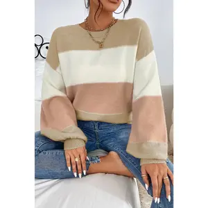 Dusty Pink Color Block Lantern Sleeve Drop Shoulder Sweater