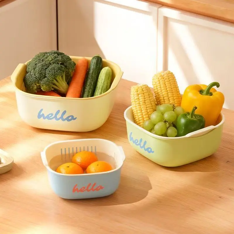 Multifunctional Fruit Tray Large Capacity Dorm Kitchen Home Vegetable Storage Basket Thick Plastic Dual Layer Drainage Basket