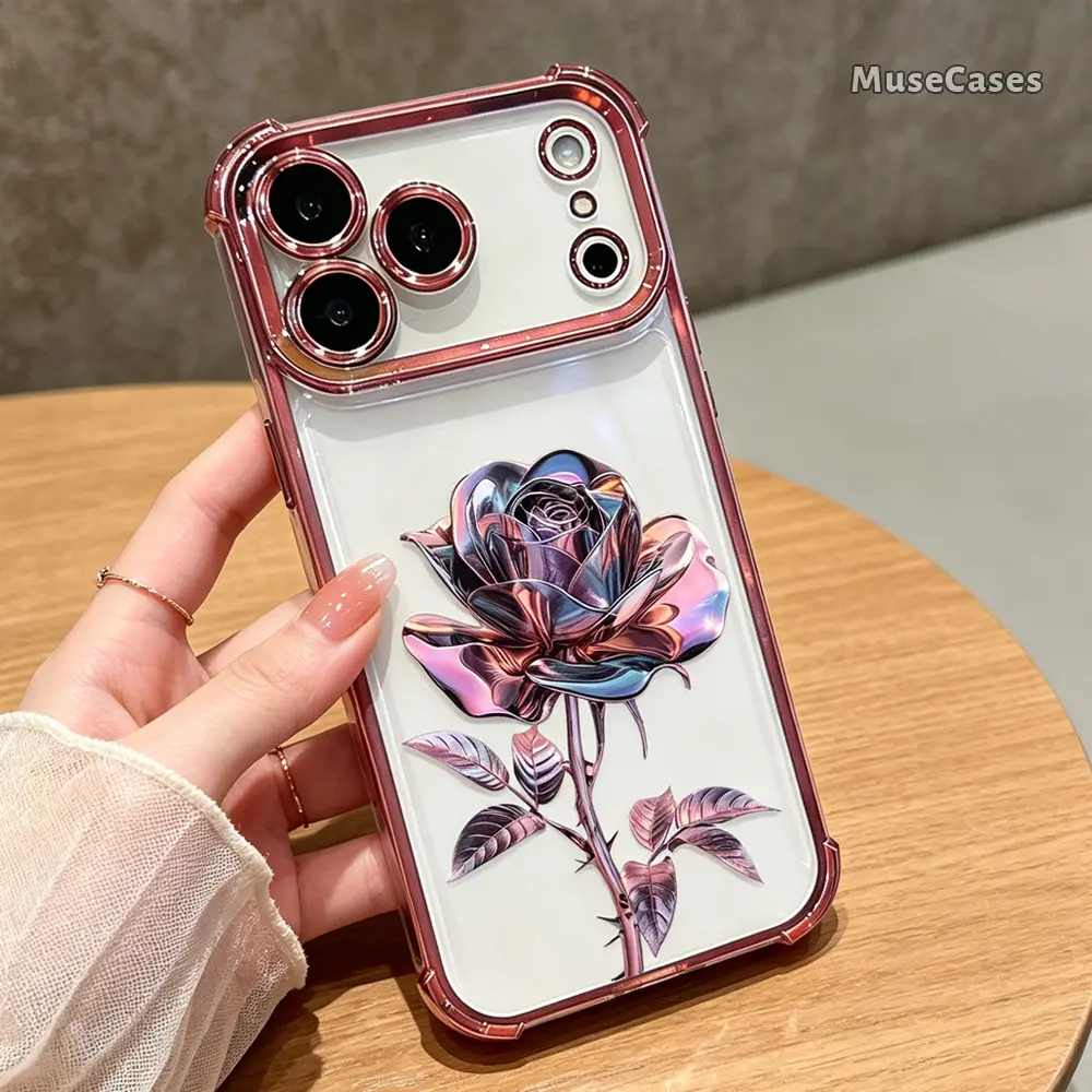 Metal Rose Clear Phone Case for iPhone 17 16 15 14 13 12 11 Pro Max Plus Air, Protective Floral Cover DDSJ260729009-1