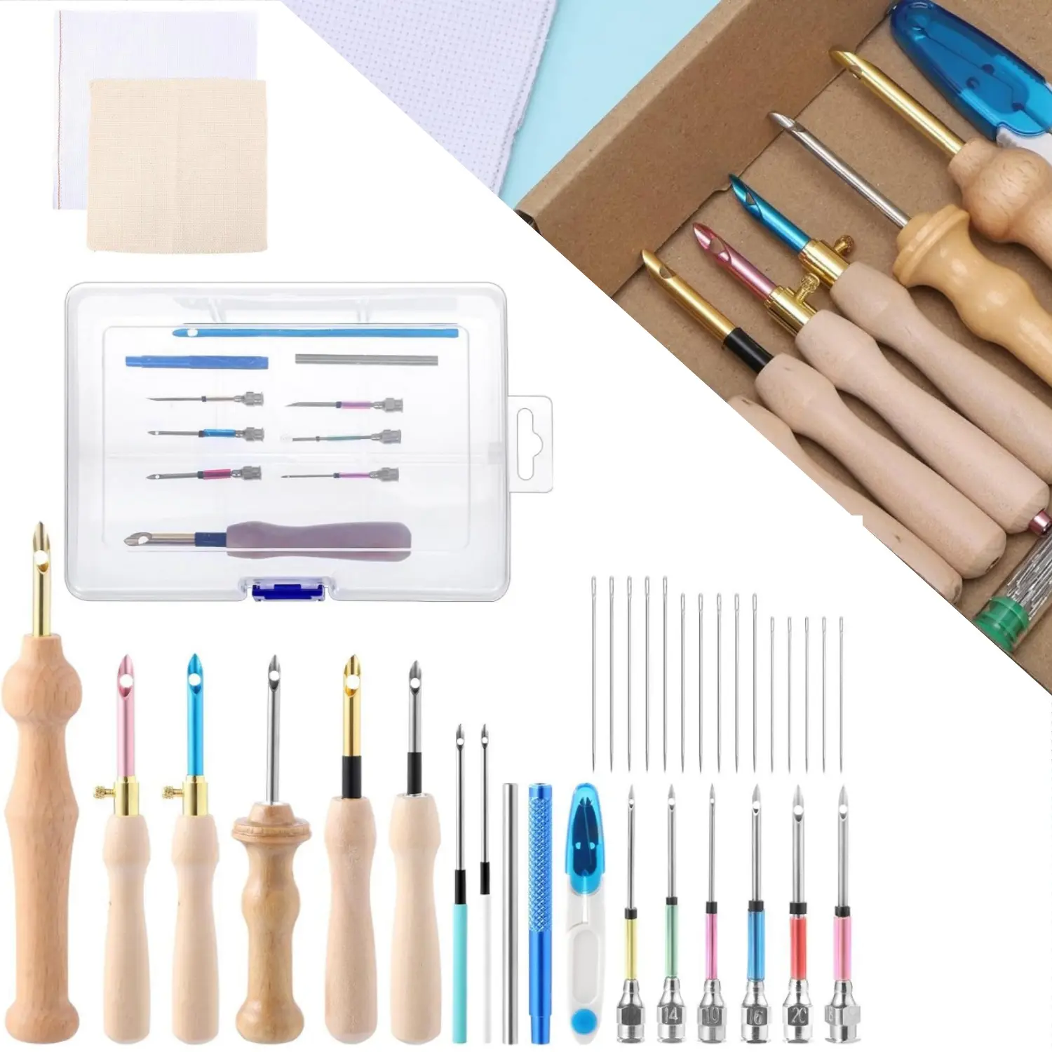 Beginner-Friendly Latex-Free Embroidery Cross Stitch Kit (35 Pcs) - 6 Pcs Wooden Handle Punch Needles, 1 Long Needle Threader, Big Eye Tools, 11.8x11.8in, 9.5x9.5in Fabric, Storage Box, DIY Christmas Home Improvement Craft Supplies for Hats, Rugs