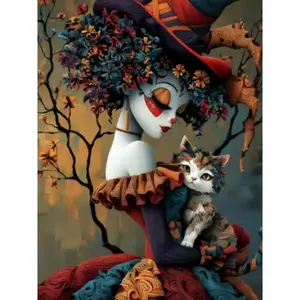 5D Diamond Painting Kit, Handicraft - Whimsical Witch Doll with Calico Cat Under Autumn Tree Backdrop, Surreal Pop Art Style with Floral Hair & Textured Ruffled Dress Accents, Full Round Acrylic Drill Vintage, Frameless Gothic & Fantasy Home Decor