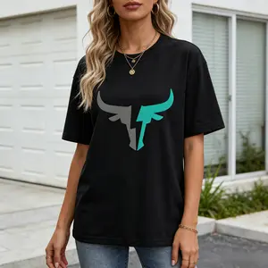 Women's 100% Cotton Comfortable Fitted T-Shirt - Short-Sleeve Crew Neck Drop Shoulder, Split Color Bull Head Graphic, Elastic Modern Geometric Teal Gray Western Fabric Top, Beach Summer Casual