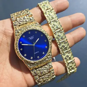 Men's Wristwatch Iced Luxury Hip Hop Blue Dial Golden Nugget Bling Wrist Metal Shiny Fashion Watch & Bracelet Gift, Quartz Movement, Analog