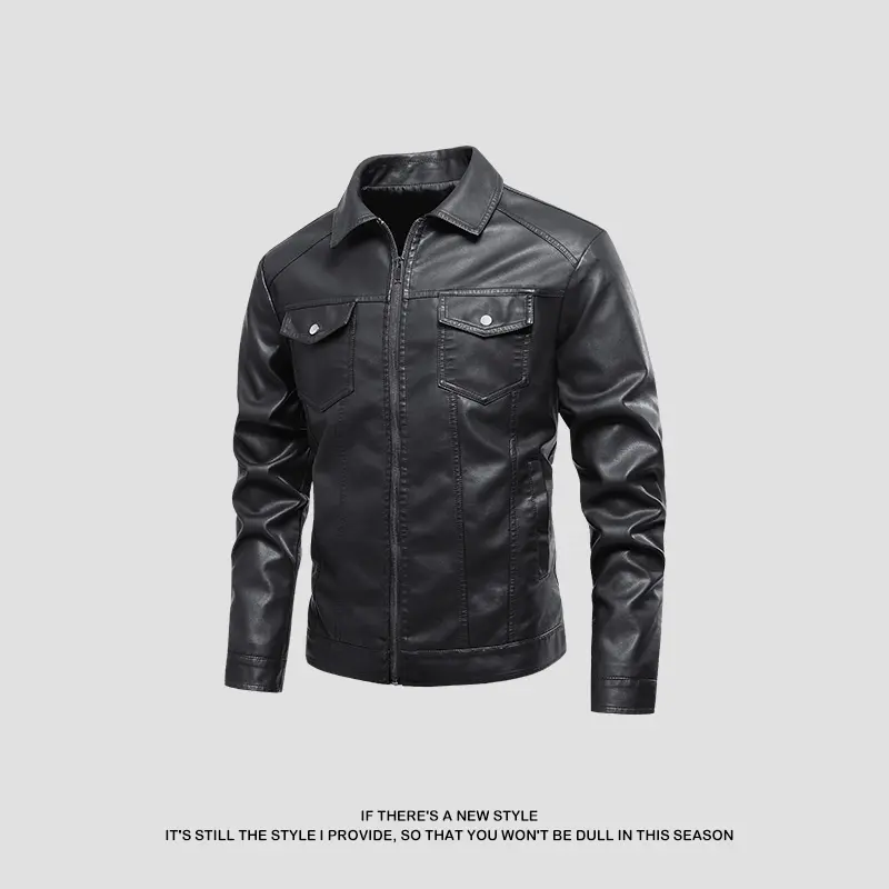 Men's Stylish Black Faux Leather Jacket with Lapel Collar - Casual Long Sleeve Zip Up Top with Multiple Pockets, Tops, Menswear, Simple, Zipper, Fashion, Coats, Plain, Longsleeves, Simple Lapel Design