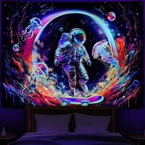 Heopapin Blacklight Astronaut Space Tapestry UV Reactive Planet Jellyfish Wall Tapestry Skateboard Astronaut Space Journey Art Tapestries Wall Hanging for Room L78*W59