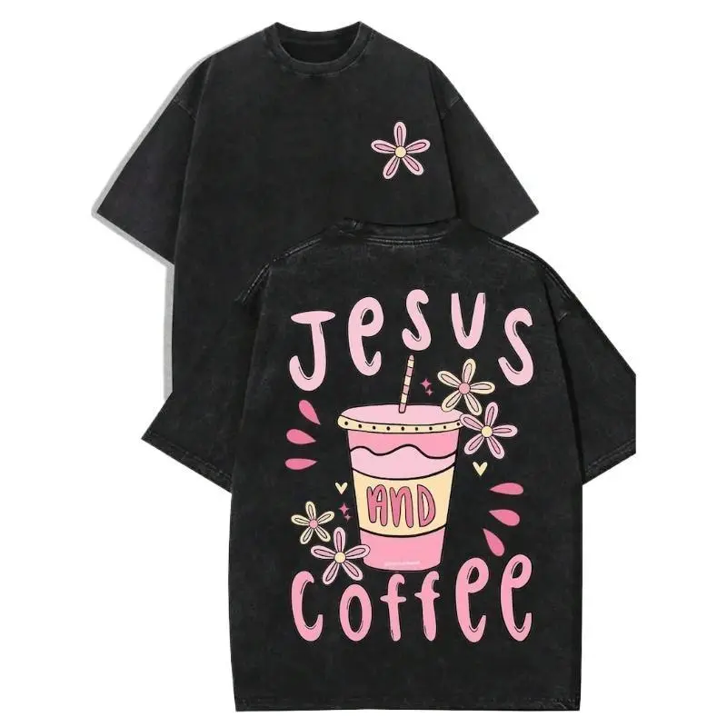 Women's Classic Vintage Cotton Short-Sleeve Round Neck Heavyweight Ribbed Casual Pull-On Tee - Blush Pink Minimalist Floral Graphic, True-to-Size Faith-Based Gift for Coffee Lovers,back to school,back to school shopping, Everyday