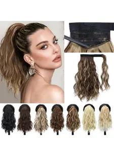 Women's Synthetic Fiber Hair Extensions, Long Curly Wave Ponytail Clip-In Extension, Wavy Ponytail Extension, Magic Tape Roll-Up Design, Natural Look