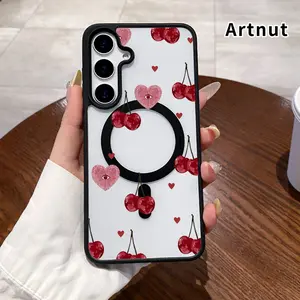 Magnetic Phone Case Phone Case Compatible with Samsung Galaxy S23 Ultra S24 Plus S25 S22+ FE Cherry Heart Vision Pattern Supports Wireless Charging Non-Yellowing Shockproof Clear Slim Protective Soft Case Transparent Acrylic Cover.