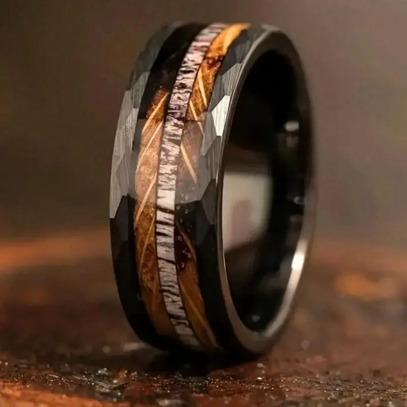Burnt Whiskey Barrel Ring and Antlers, Wedding Ring Jewelry, for Men Daily Wear, Party Holiday Gift