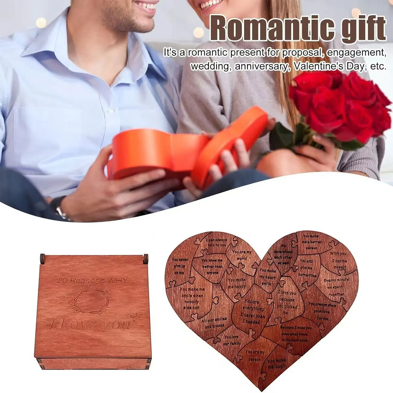 Wooden heart-shaped puzzle as a Valentine's Day gift. Romantic heart-shaped puzzle with a box for a romantic Valentine's Day present. Unique love message. Perfect Valentine's Day gift.